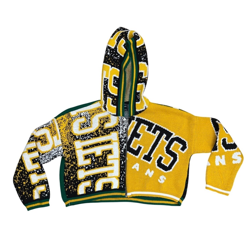 Iets Frans Urban Outfitters Patchwork Knit Zip Up Hoodie Green Yellow M‎